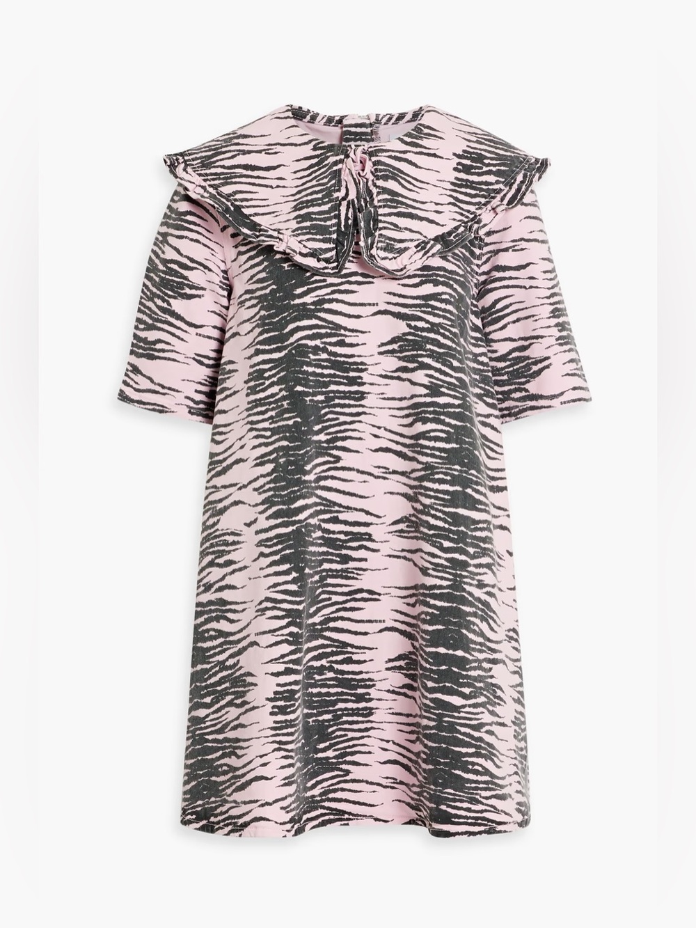 NWT Ganni Ruffle-trimmed Tiger-print Denim Mini Dress Size EU38